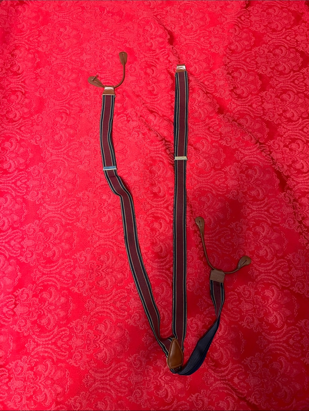 Navy Striped Suspenders Brown Leather Trim Men’s Elastic Missing Strap